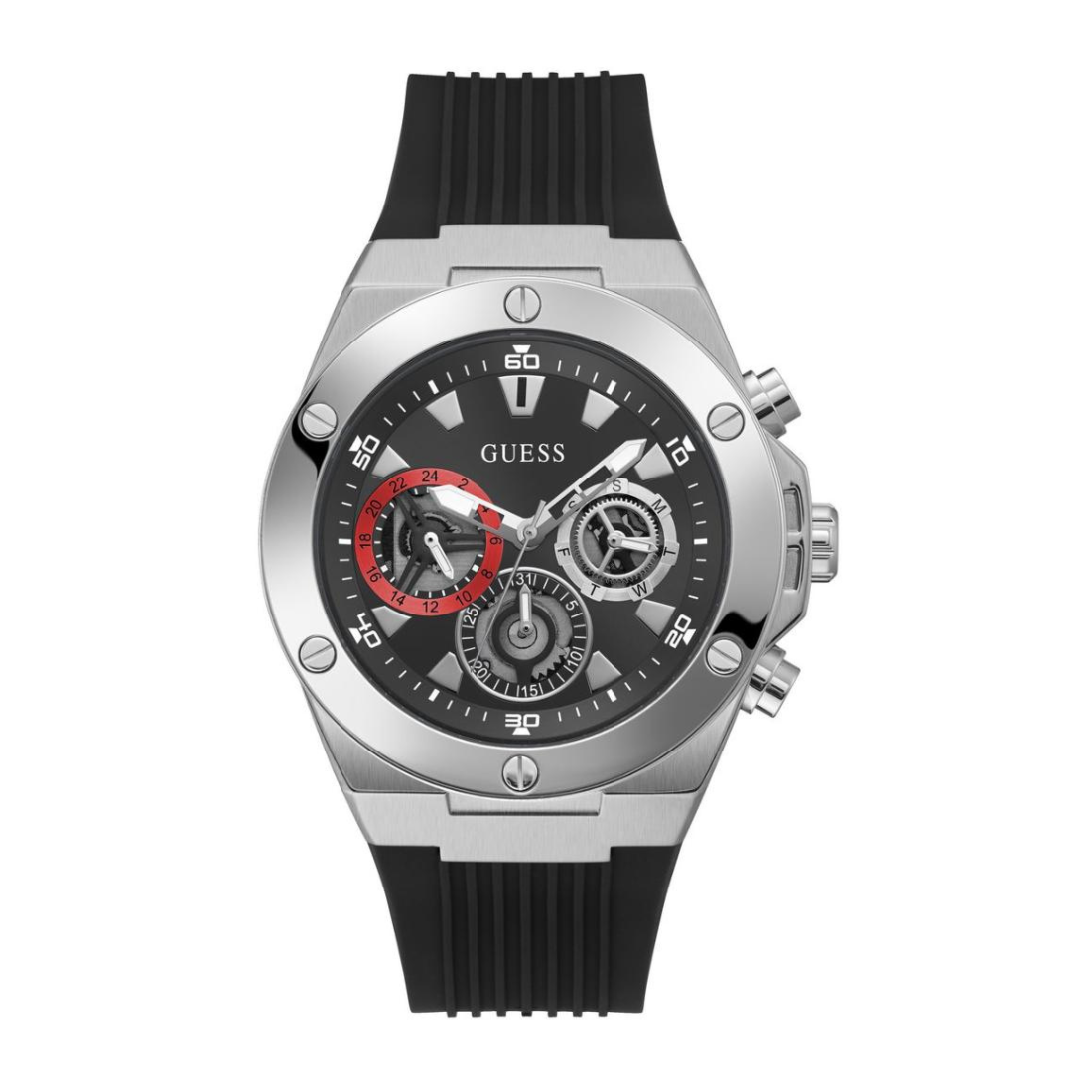 Guess watch with black strap and silver case on a white background