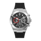 Guess watch with black strap and silver case on a white background