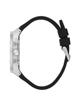 Wristwatch with black strap and silver case on a white background