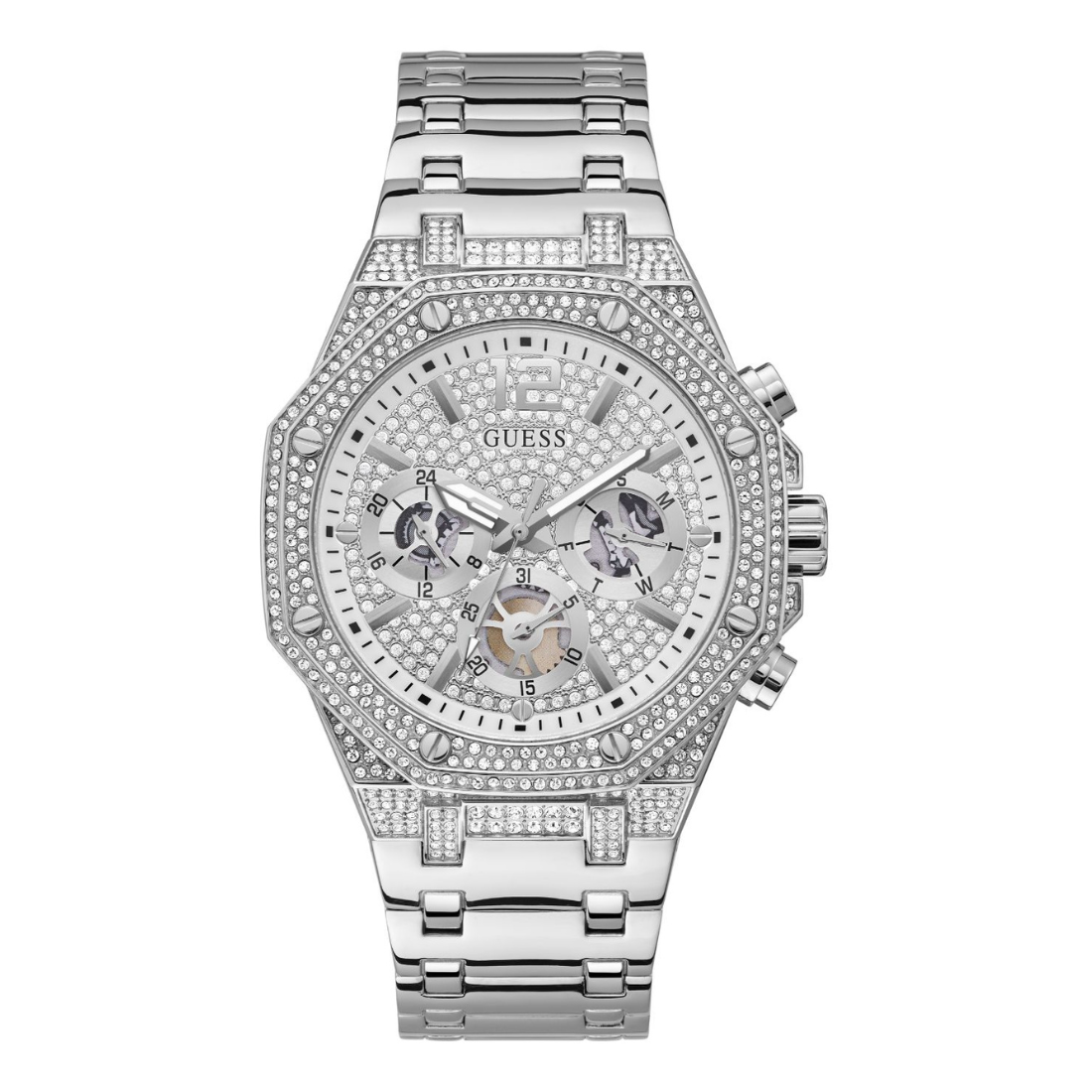 A luxury Guess wristwatch featuring a silver-tone stainless steel case and link bracelet, heavily embellished with clear crystals. The octagonal dial is white with multiple sub-dials, a skeletonized center, and a crystal-encrusted bezel.