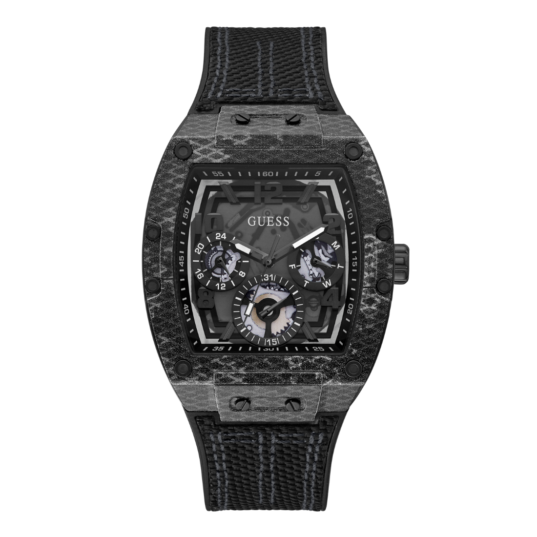 Black textured watch with 'Guess' branding on a white background