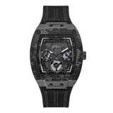 Black textured watch with 'Guess' branding on a white background