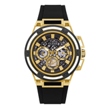 Gold and black watch with visible brand logo on a white background