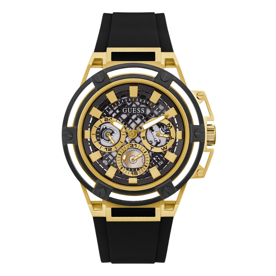 Gold and black watch with visible brand logo on a white background
