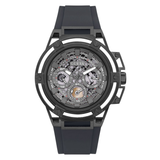 Black wristwatch with a detailed face on a white background