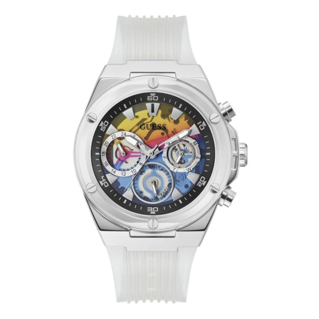 White watch with a colorful face on a white background