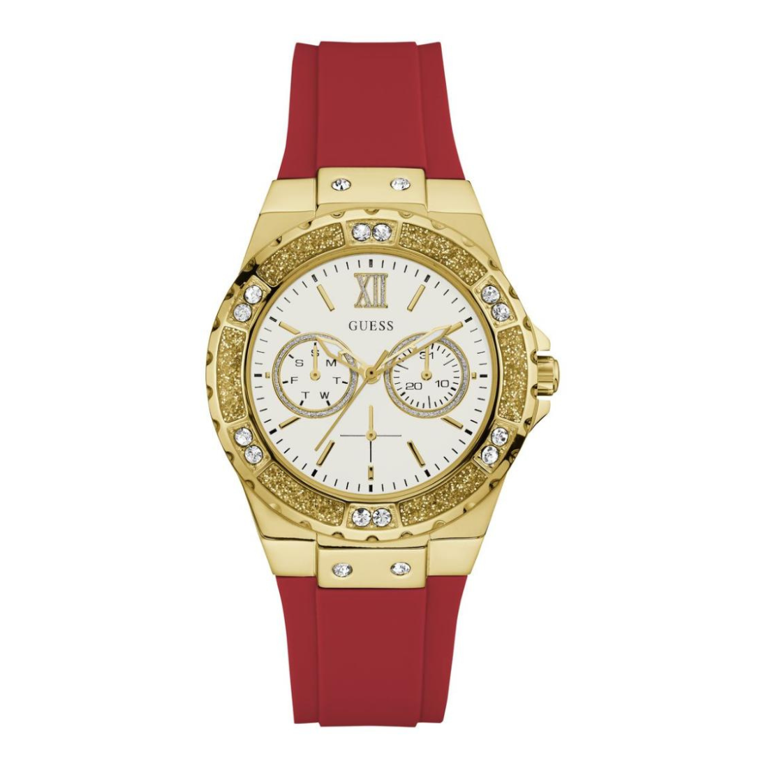 Gold watch with a red strap on a white background