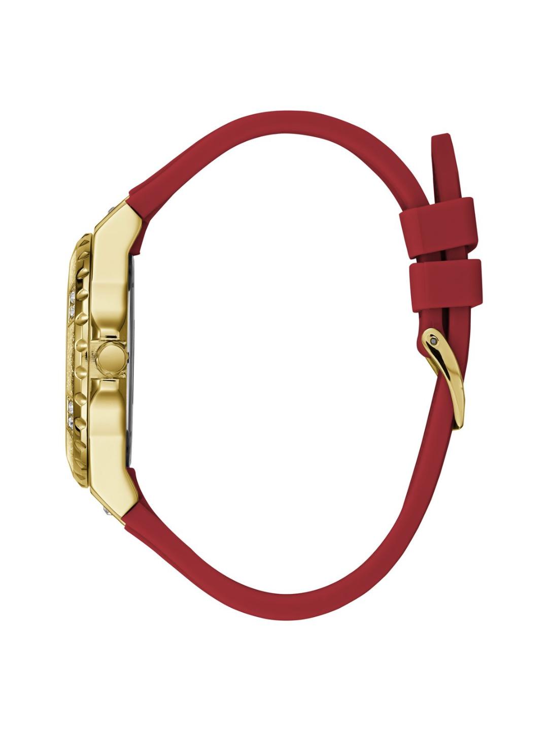 Watch with gold case and red strap on a white background