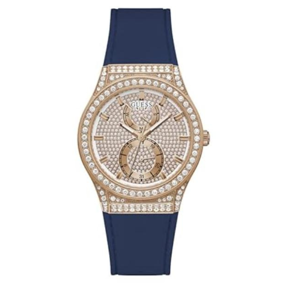 Guess Ladies Blue 39 mm Rose Gold Dial Multi function Watch GW0439L4