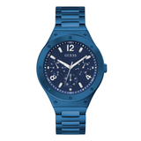 Blue Guess watch with metallic band on a white background