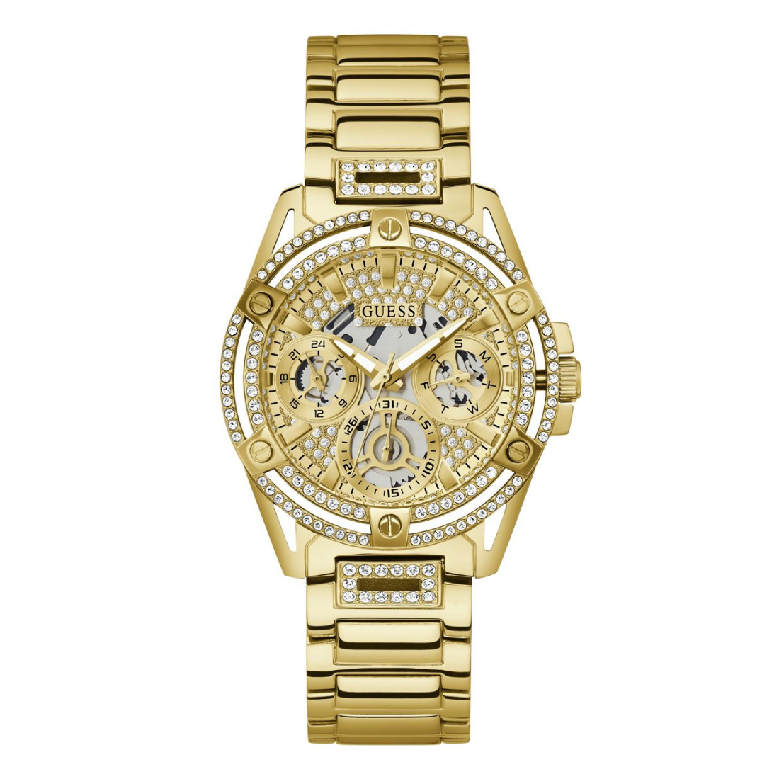 Gold-tone Guess women's watch with a crystal-studded bezel, matching crystal-accented bracelet, and a skeleton-style dial with multiple subdials.