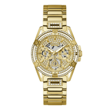Gold-tone Guess women's watch with a crystal-studded bezel, matching crystal-accented bracelet, and a skeleton-style dial with multiple subdials.
