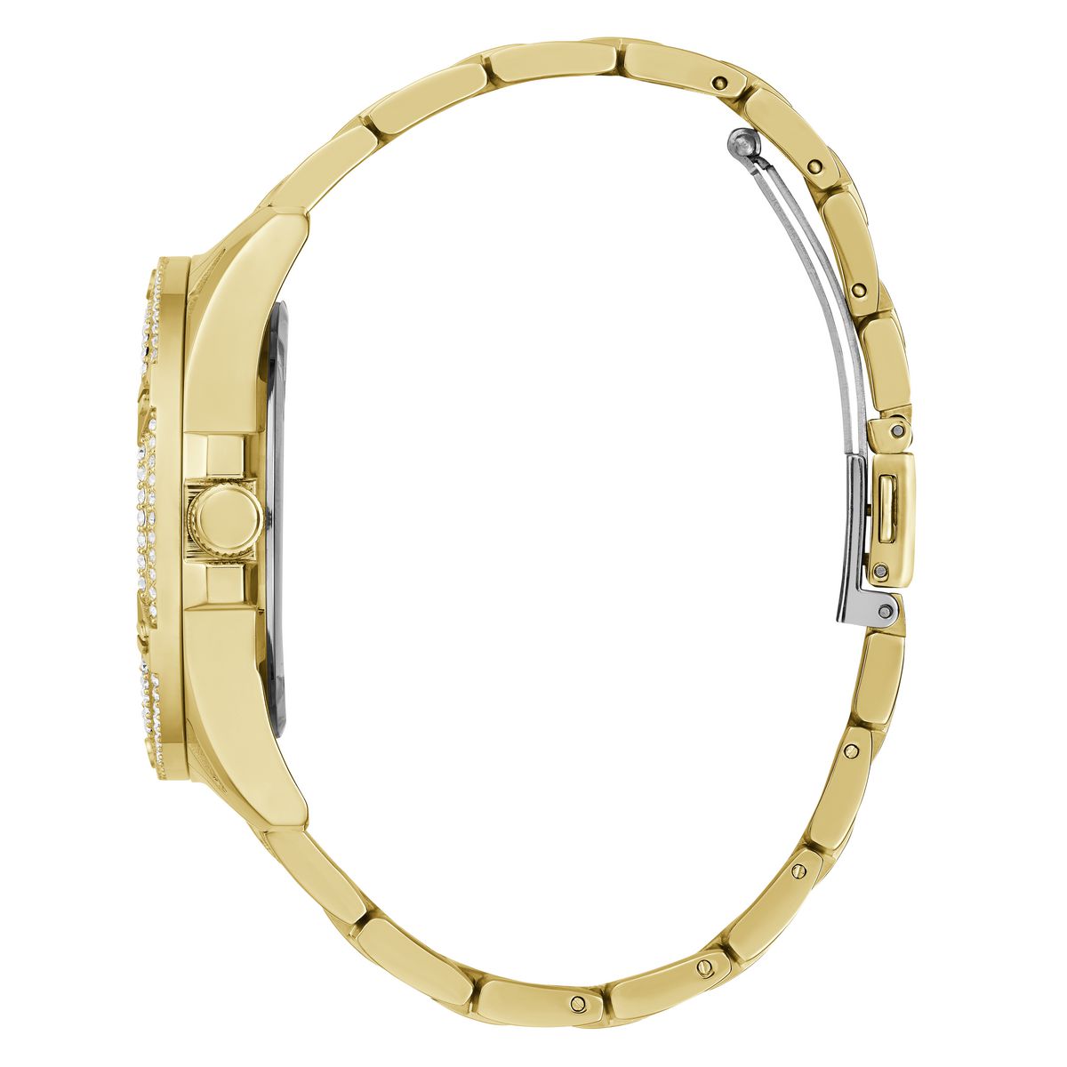Gold watch with a detailed case on a white background