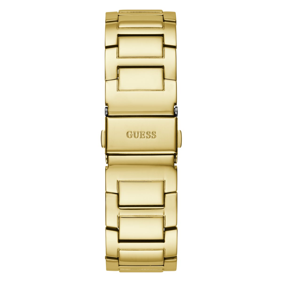 Gold-tone stainless steel link watch band with the GUESS brand name engraved on the clasp, shown against a plain white background.