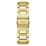 Gold-tone stainless steel link watch band with the GUESS brand name engraved on the clasp, shown against a plain white background.