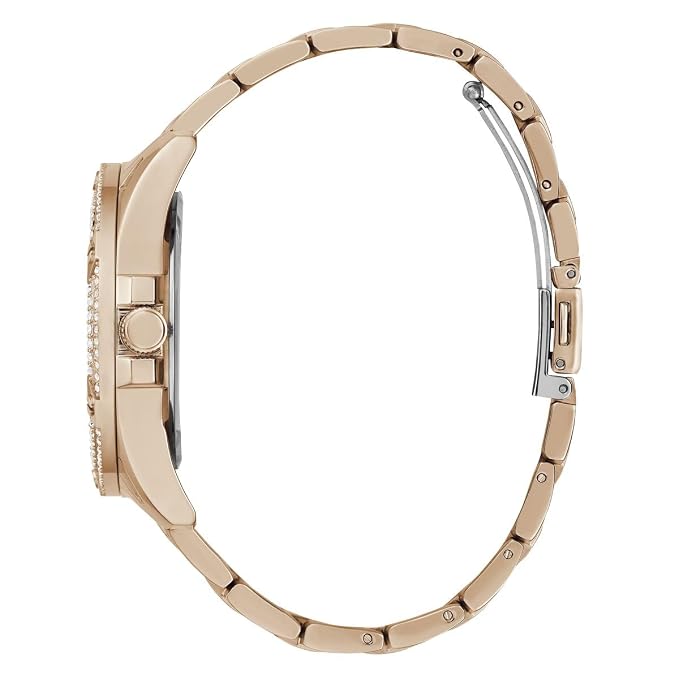 Rose gold-tone stainless steel watch with a matching metal link bracelet, shown from a side profile view against a white background.
