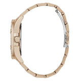 Rose gold-tone stainless steel watch with a matching metal link bracelet, shown from a side profile view against a white background.