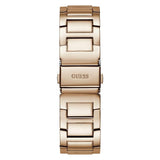 A rose gold stainless steel link watch band with the GUESS brand name engraved on the clasp, shown against a plain white background.