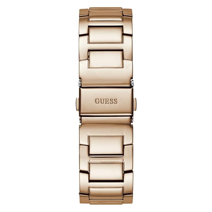 A rose gold stainless steel link watch band with the GUESS brand name engraved on the clasp, shown against a plain white background.
