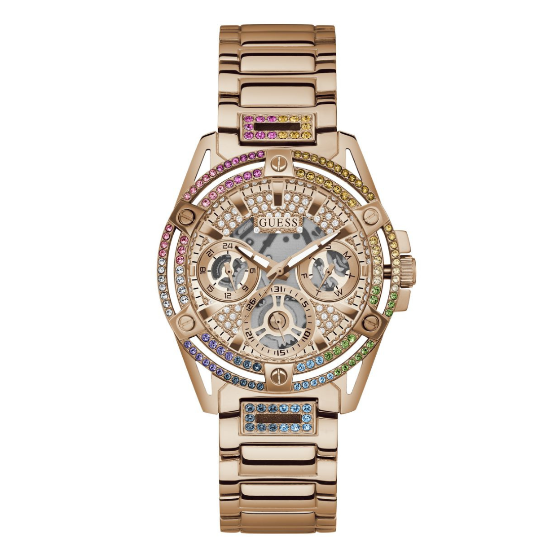 A rose gold Guess wristwatch with a multi-functional dial, crystal-encrusted bezel, and a matching crystal-embellished link bracelet on a white background.