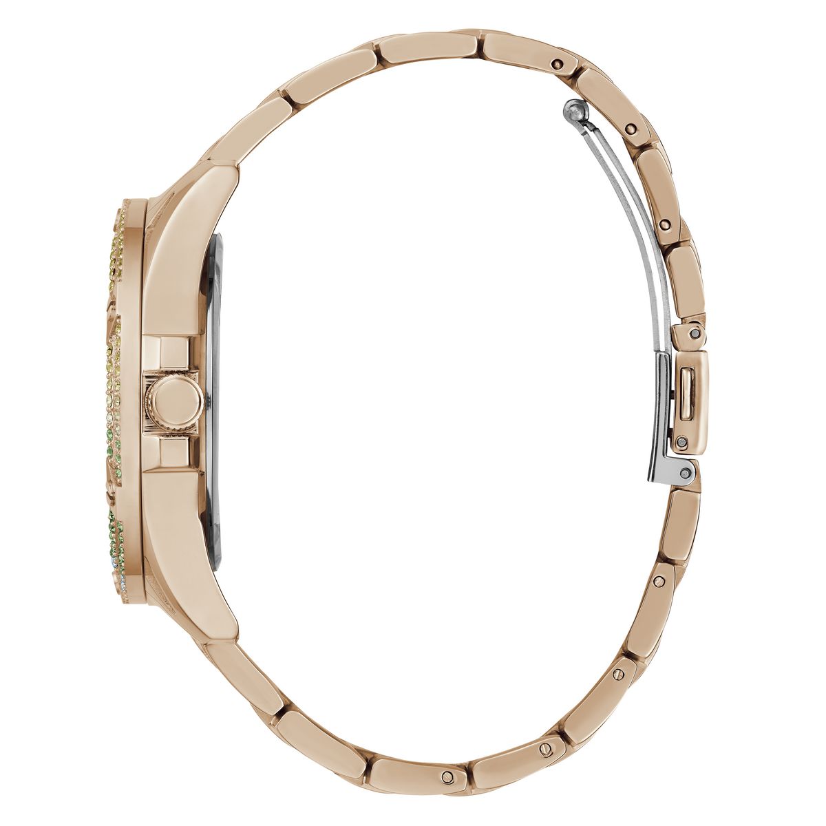 Rose gold-tone stainless steel watch with a matching metal link bracelet, shown from a side profile view against a white background.