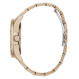 Rose gold-tone stainless steel watch with a matching metal link bracelet, shown from a side profile view against a white background.