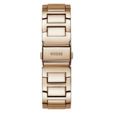 A rose gold stainless steel link watch band with the brand name GUESS engraved on the center clasp, shown against a plain white background.