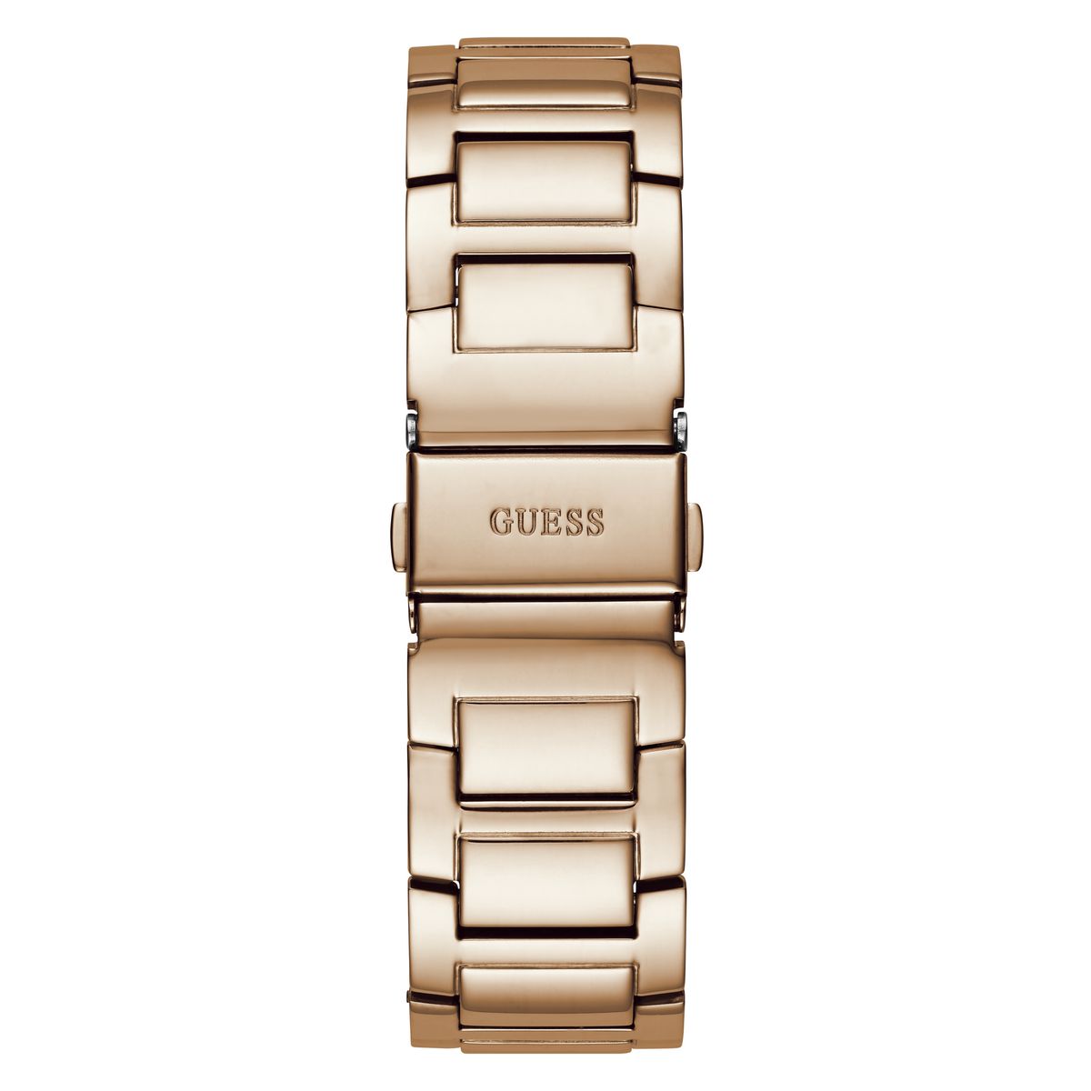 A rose gold stainless steel link watch band with the brand name GUESS engraved on the center clasp, shown against a plain white background.