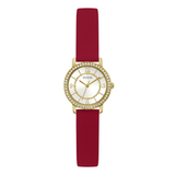 A women's wristwatch by Guess featuring a deep red silicone strap, a gold-tone case, a bezel encrusted with clear rhinestones, and a white dial with gold-tone hands and numerals.