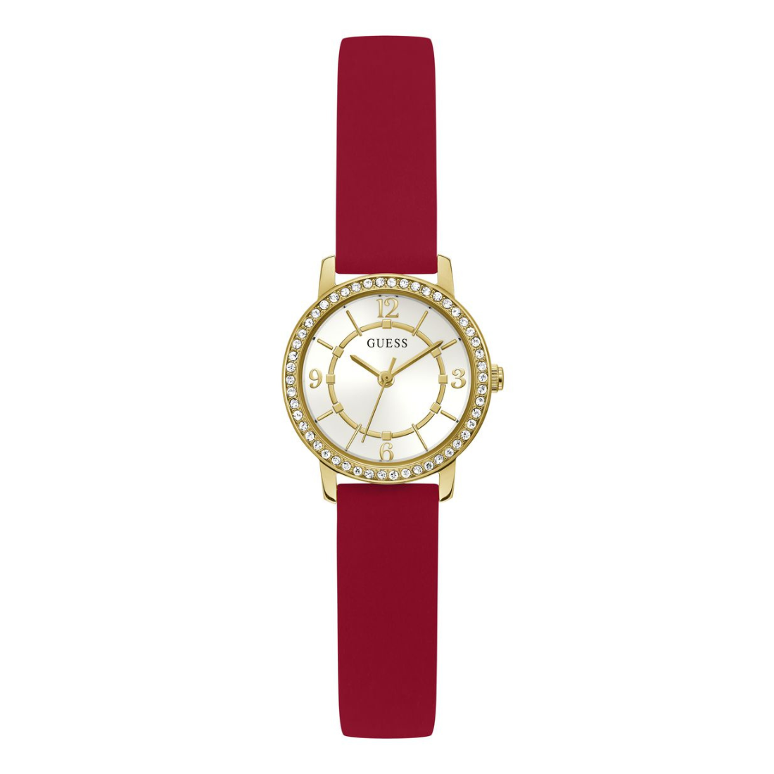 A women's wristwatch by Guess featuring a deep red silicone strap, a gold-tone case, a bezel encrusted with clear rhinestones, and a white dial with gold-tone hands and numerals.