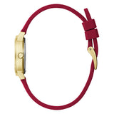 A side profile view of a smartwatch with a gold-tone case and a thick, flexible burgundy silicone strap, shown on a plain white background.
