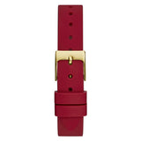A red watch strap with a polished gold buckle, shown vertically against a plain white background.