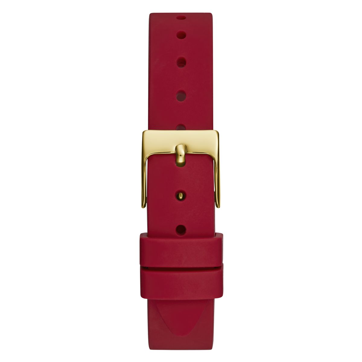 A red watch strap with a polished gold buckle, shown vertically against a plain white background.