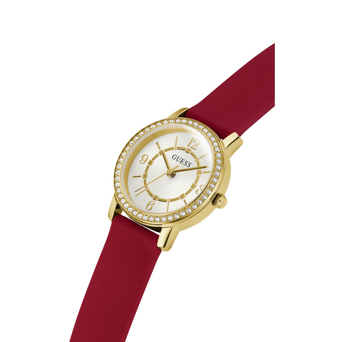 A Guess women's watch featuring a gold-tone case with a crystal-studded bezel, a white dial with gold-tone hands and markers, and a deep red silicone strap, shown on a plain white background.