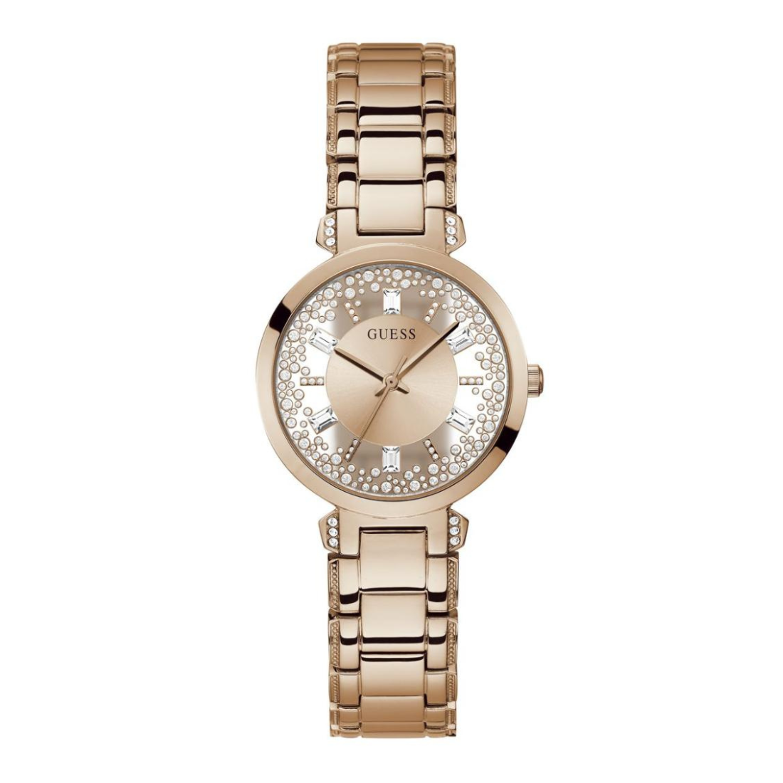 Rose gold watch with gemstone-studded face on a white background