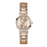 Rose gold watch with gemstone-studded face on a white background