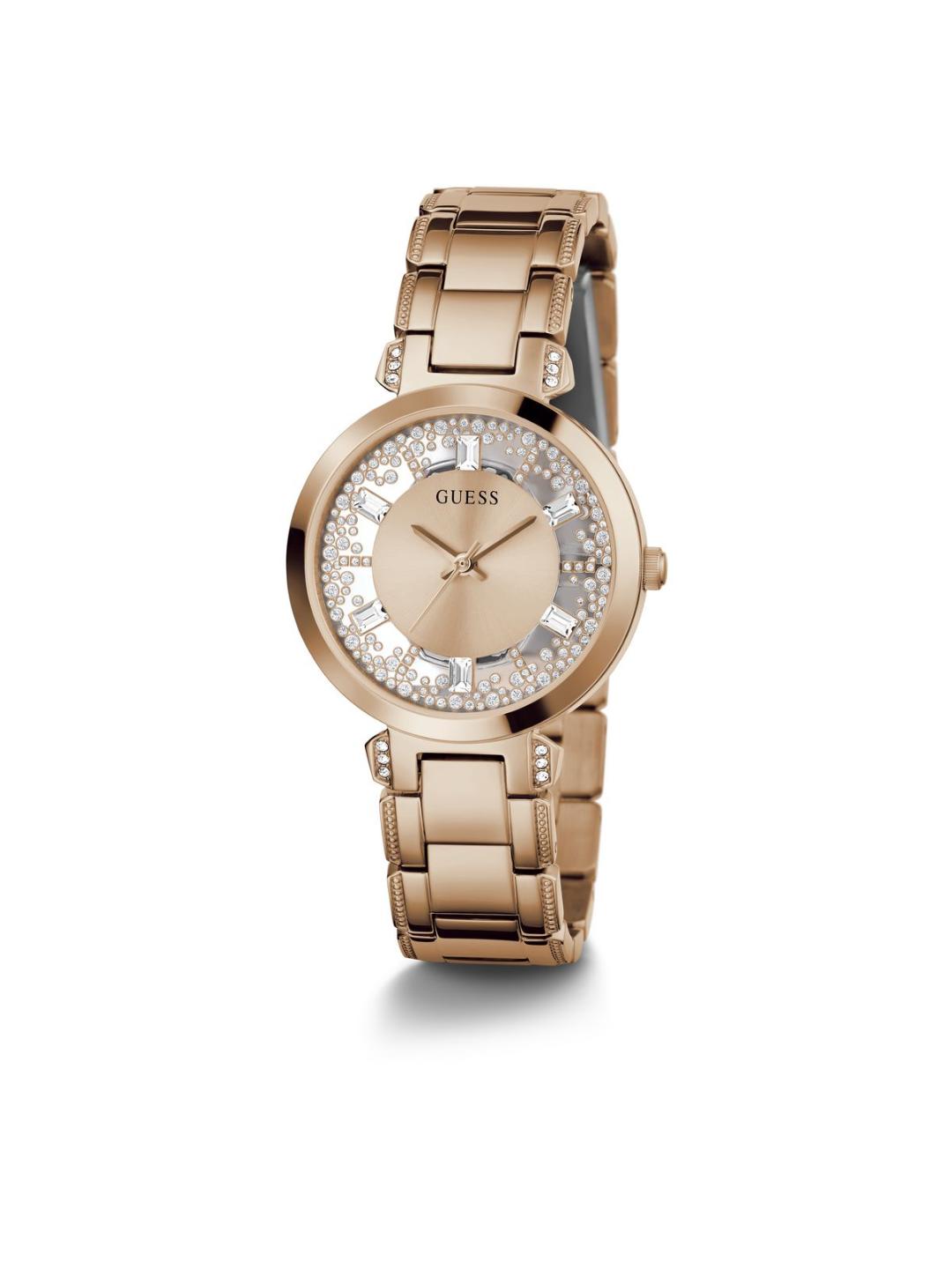 Rose gold watch with crystal embellishments on a white background