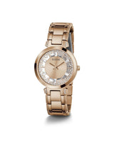 Rose gold watch with crystal embellishments on a white background