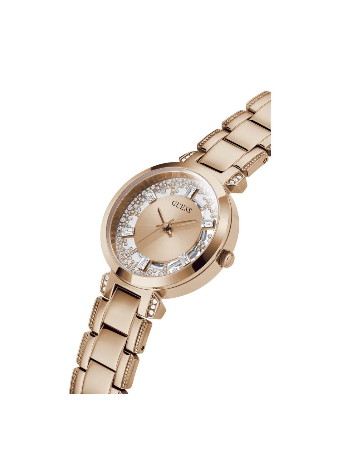 Rose gold watch with crystal embellishments on a white background