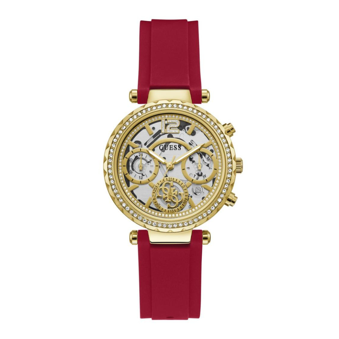 Gold watch with a red strap on a white background