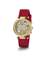 Gold watch with a red strap on a white background