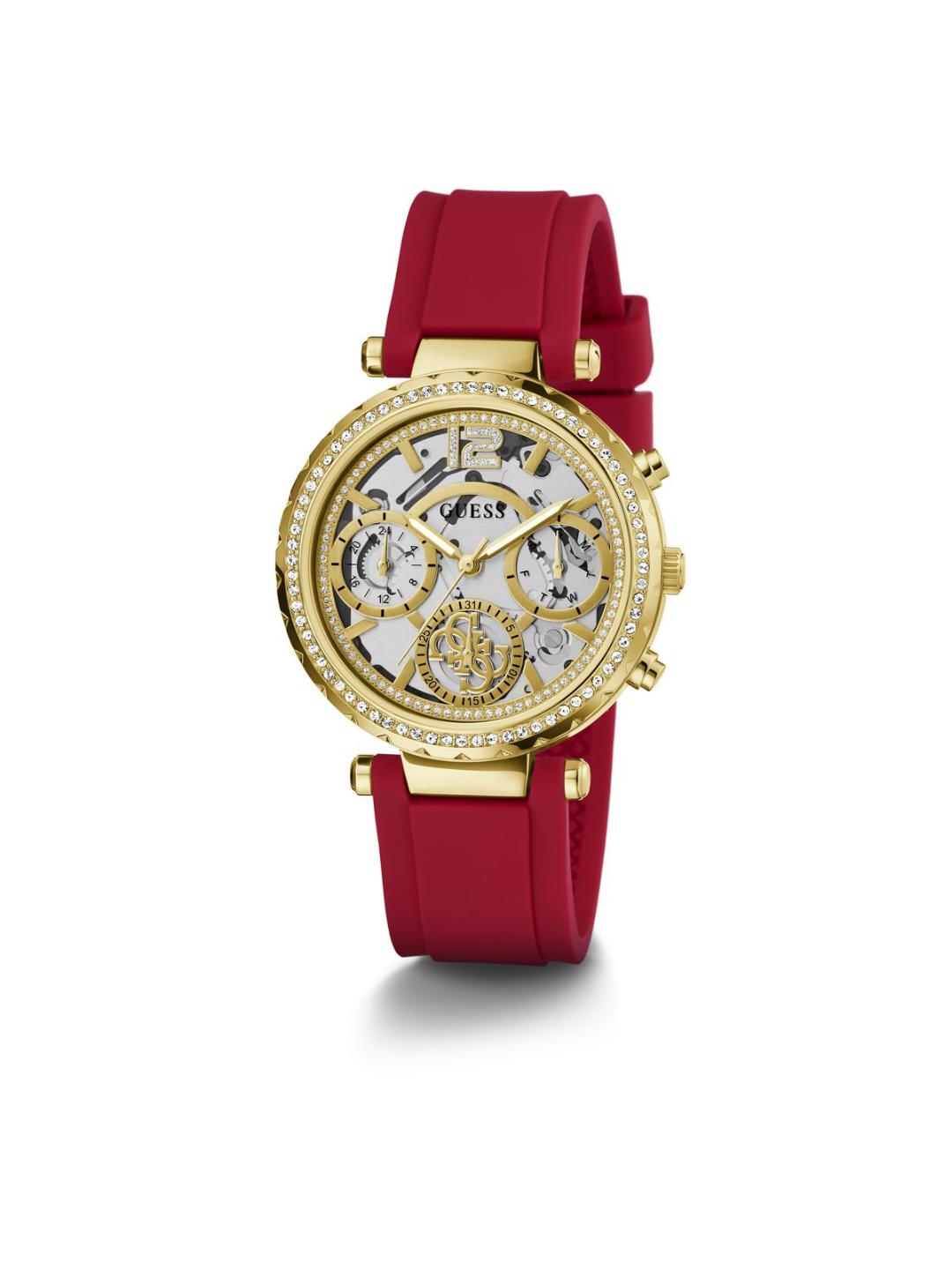 Gold watch with a red strap on a white background