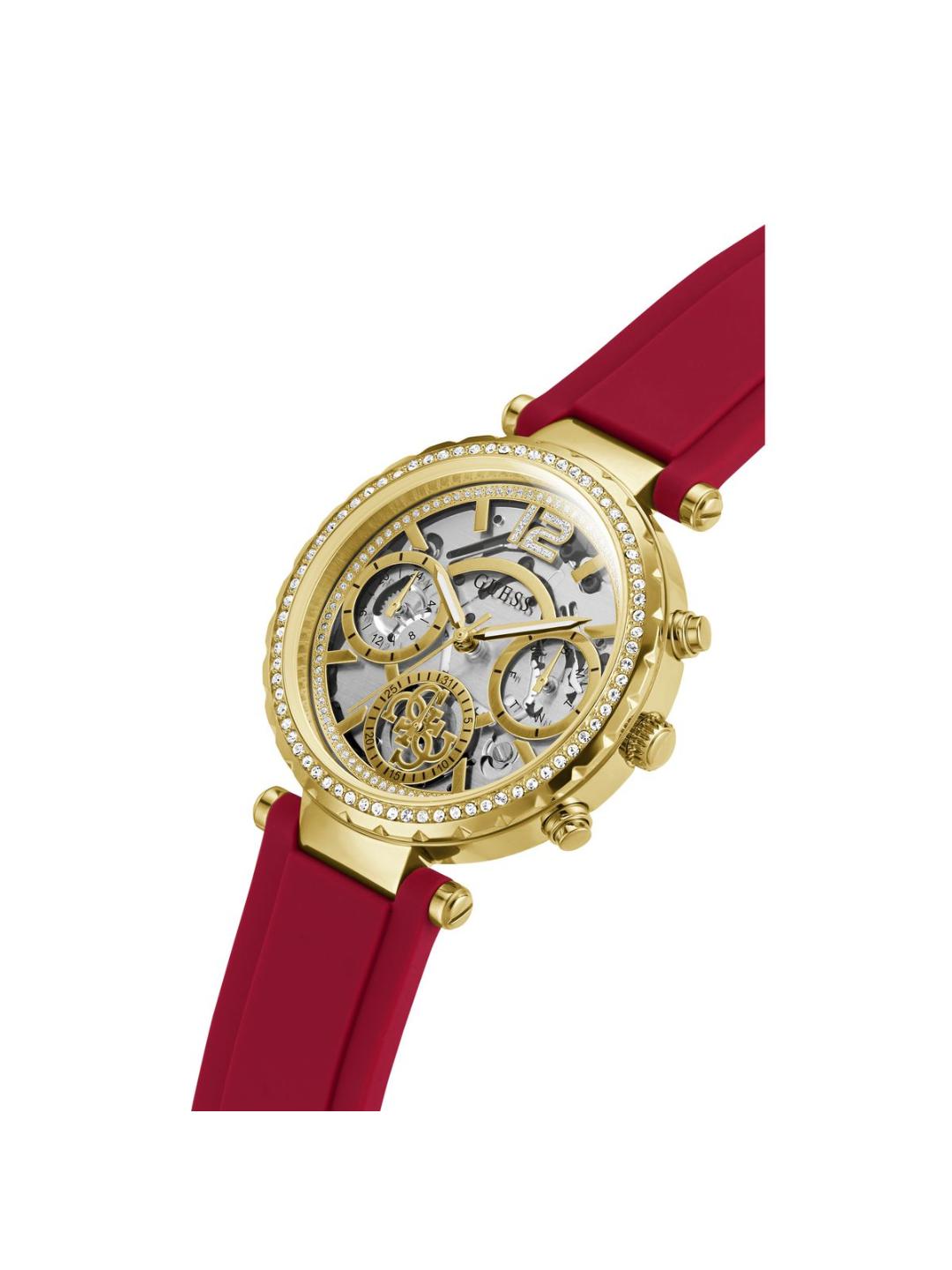 Gold watch with a red strap on a white background