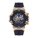 Gold and black watch with visible brand logo on a white background