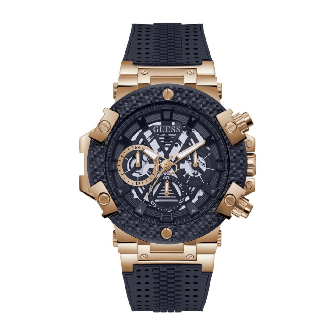 Gold and black watch with visible brand logo on a white background