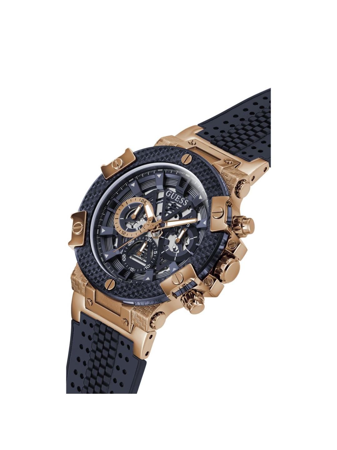 Luxury watch with black and gold design on a white background