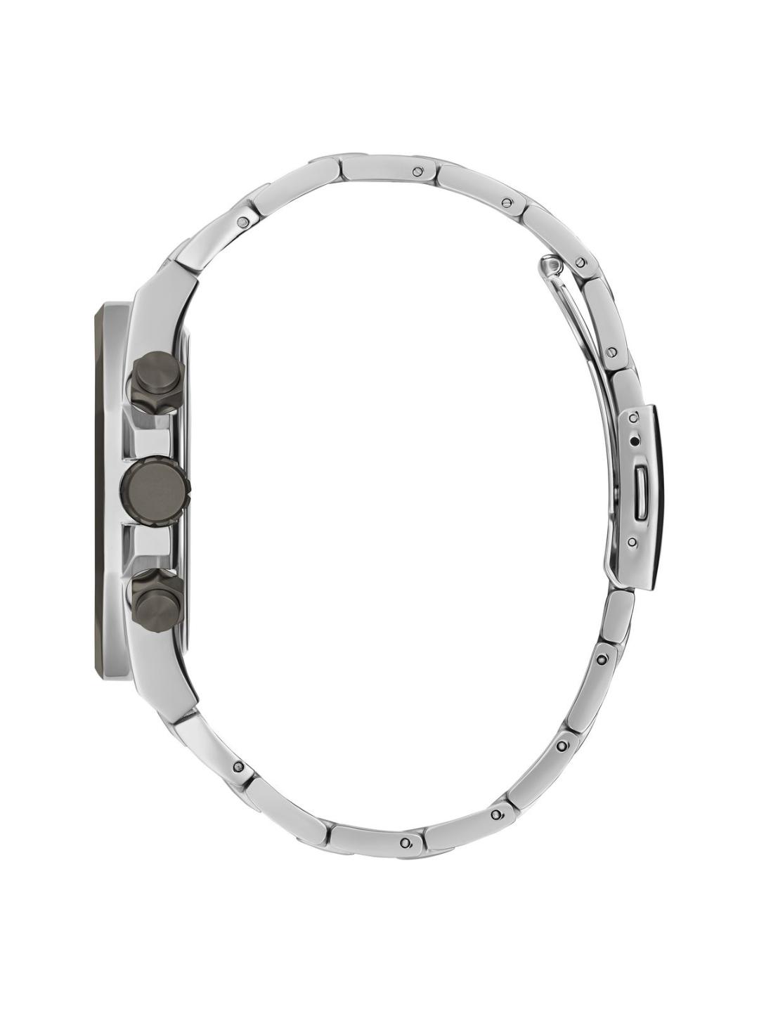 Silver watch case on a white background