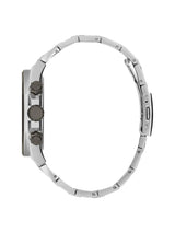 Silver watch case on a white background