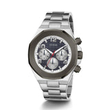 Silver watch with a detailed face on a white background