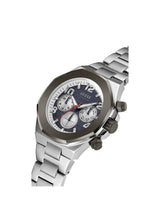 Silver watch with a detailed face on a white background
